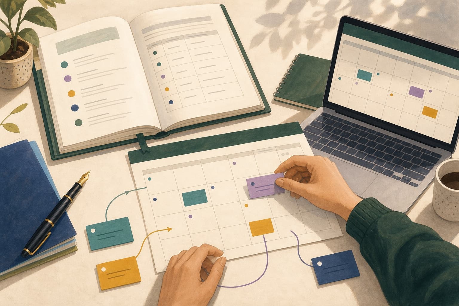 A syllabus, paper planner, and digital calendar being organized into one semester plan