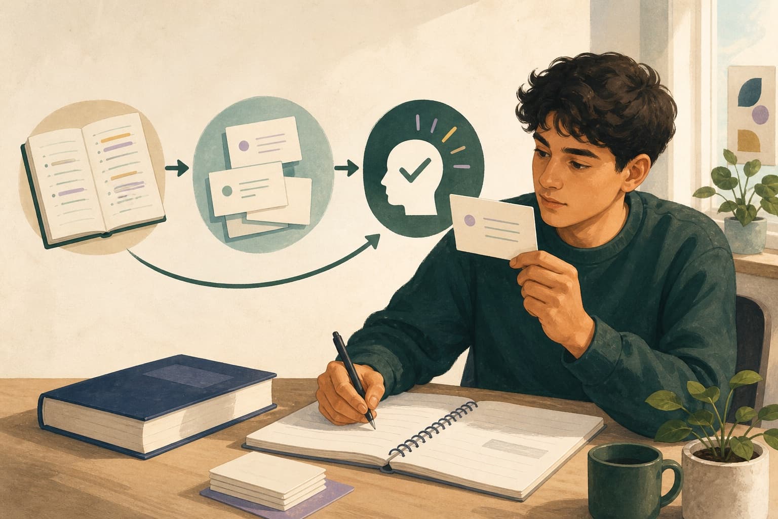 A student turning notes into questions and answering them from memory